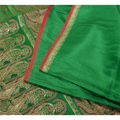 Sanskriti Vintage Green Sarees Pure Satin Woven Brocade/Banarasi Sari Sustainable Fabric