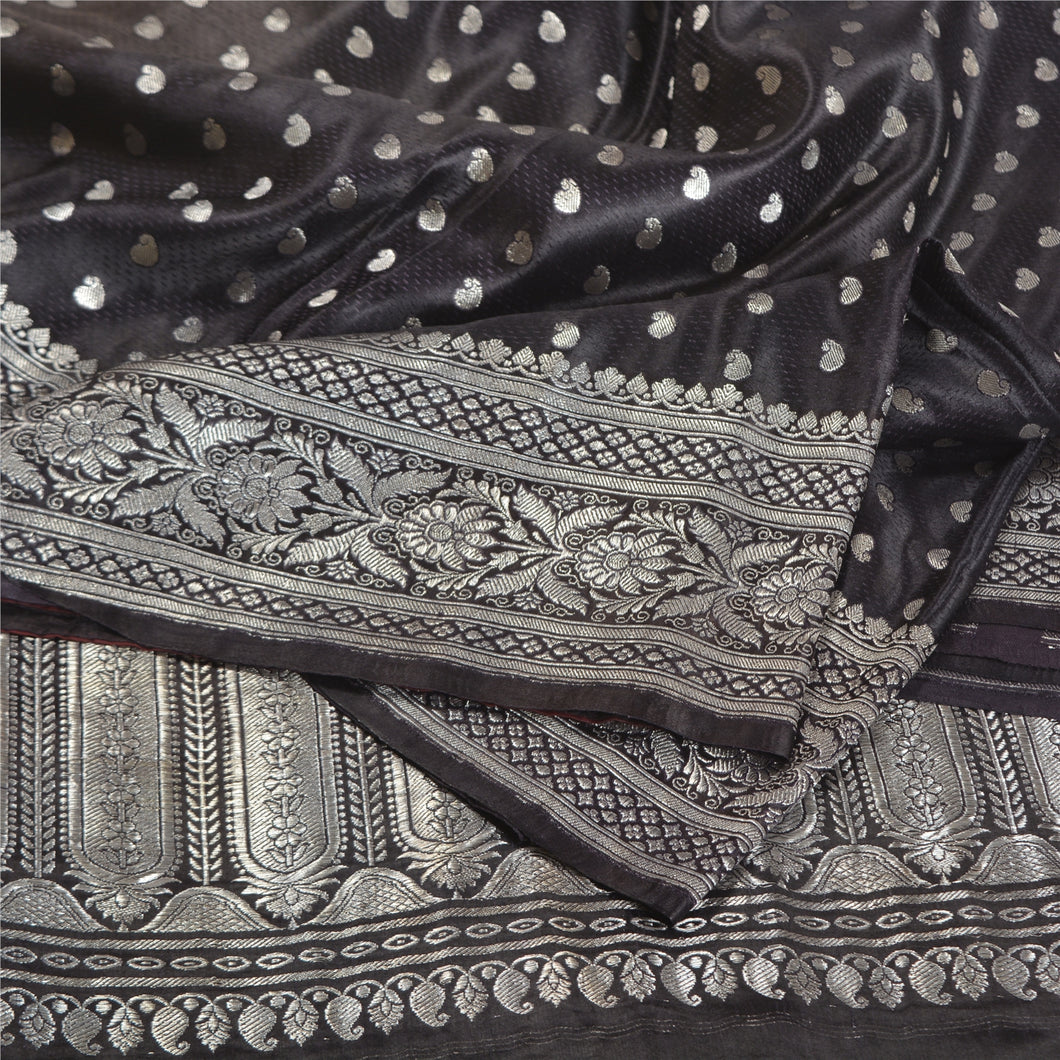 Sanskriti Vintage Dark Brown Sarees Pure Satin Silk Brocade/Banarasi Sari Fabric