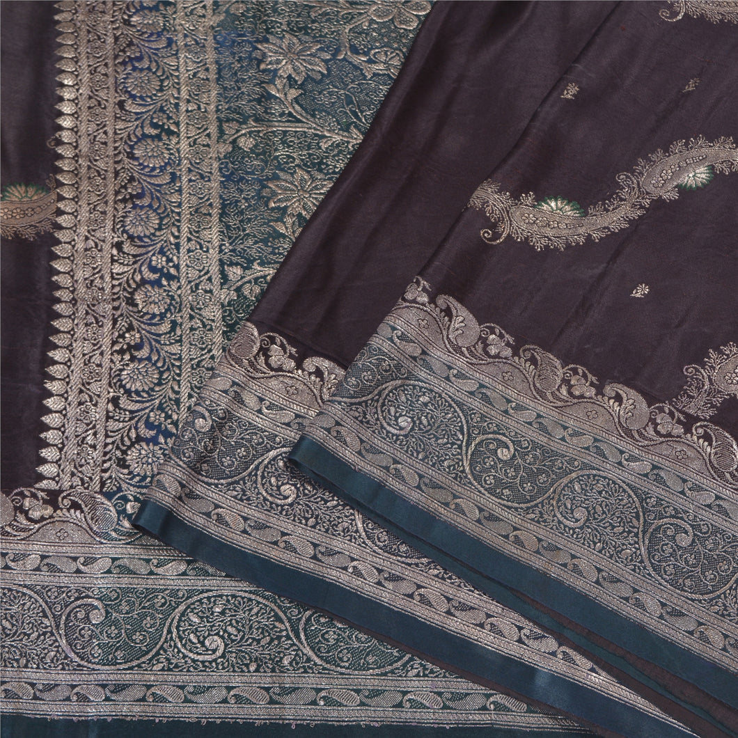 Sanskriti Vintage Green Sarees Pure Satin Silk Brocade/Banarasi Zari Sari Fabric