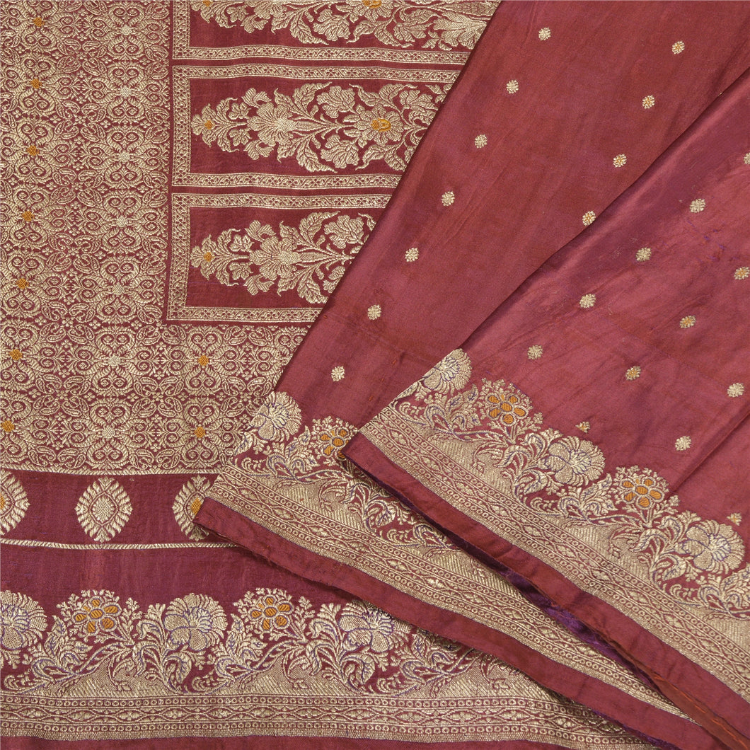 Sanskriti Vintage Dark Red Sarees Pure Satin Woven  Brocade/Banarasi Sari Fabric