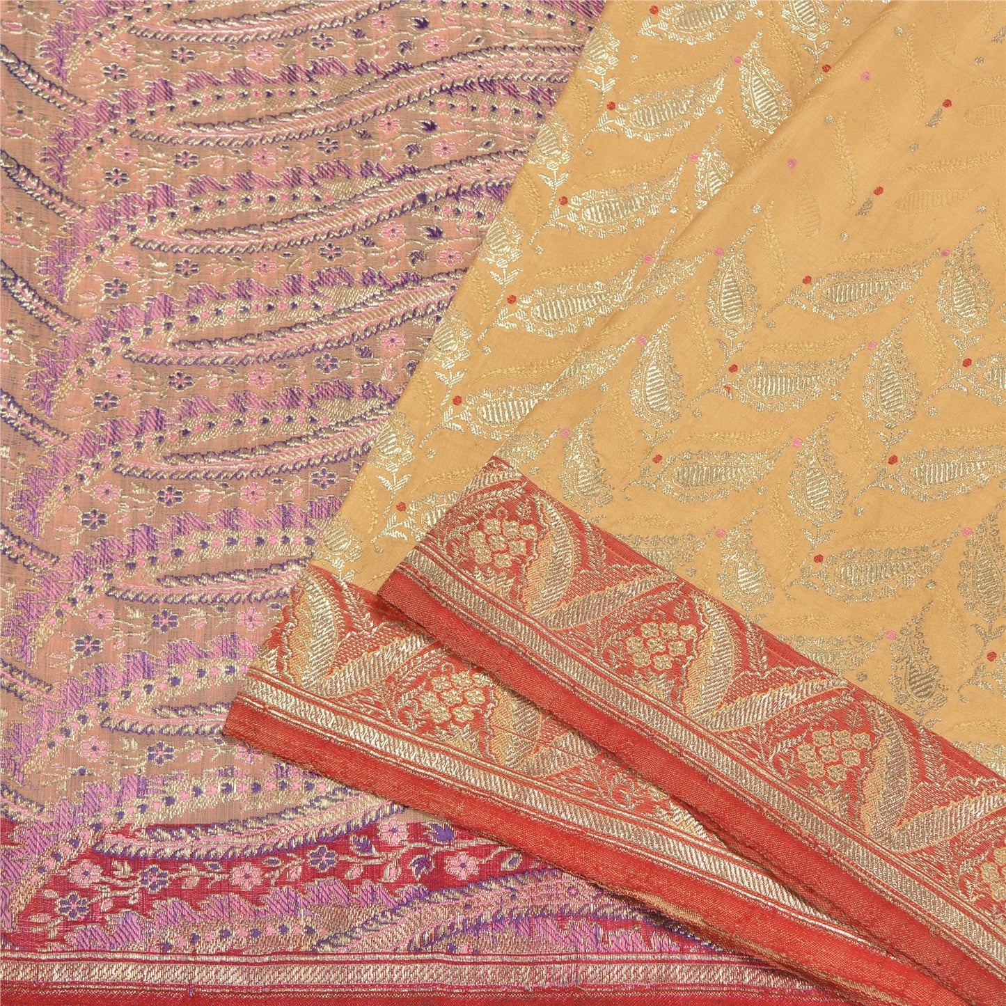 Sanskriti Vintage Peach/Pink Sarees Pure Satin Silk Brocade/Banarasi Sari Sustainable Fabric
