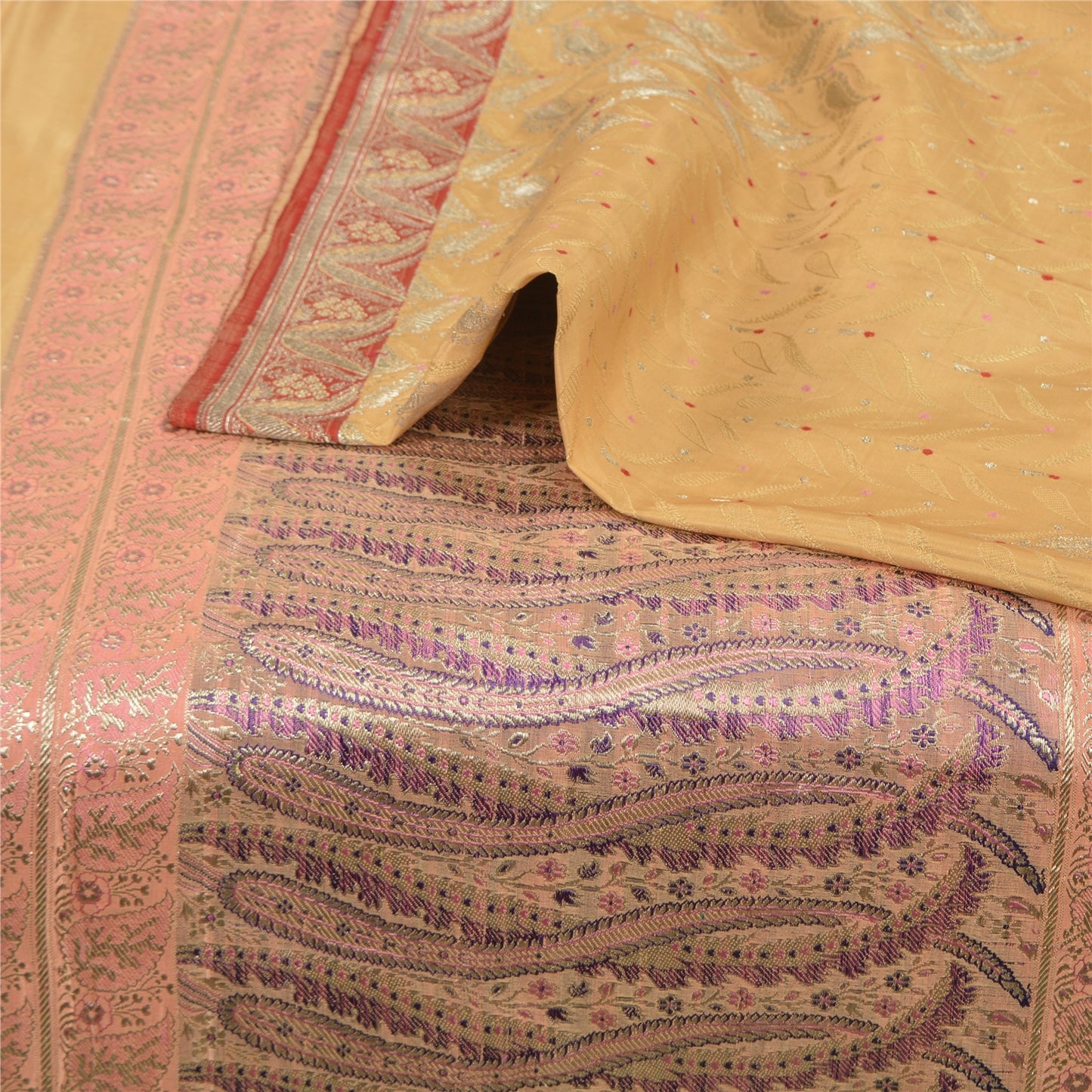 Sanskriti Vintage Peach/Pink Sarees Pure Satin Silk Brocade/Banarasi Sari Sustainable Fabric