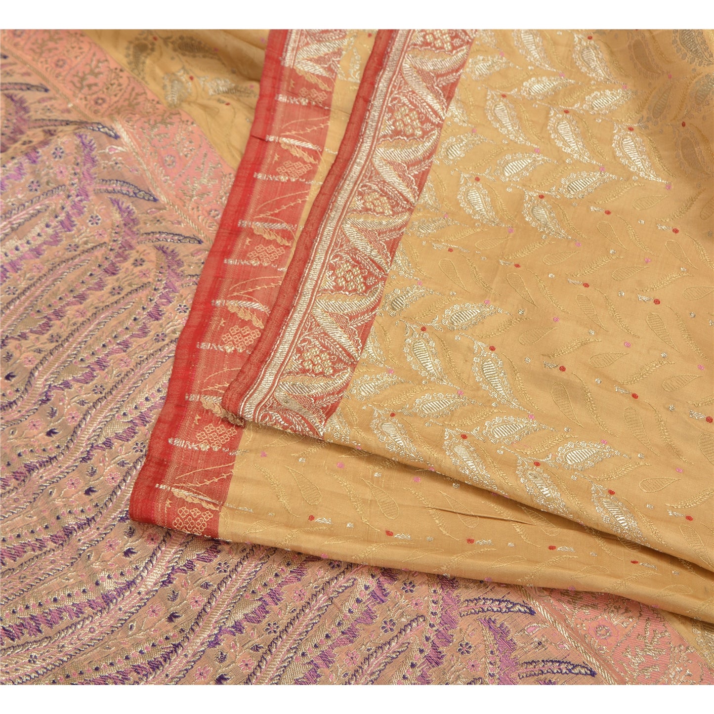 Sanskriti Vintage Peach/Pink Sarees Pure Satin Silk Brocade/Banarasi Sari Sustainable Fabric