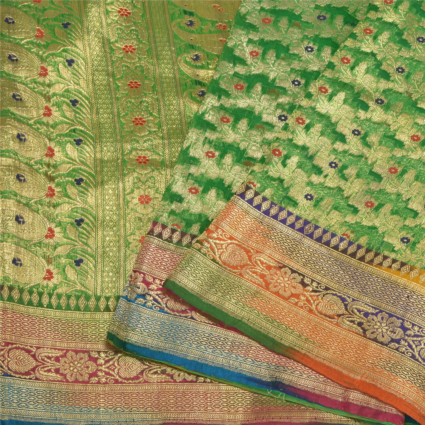 Sanskriti Vintage Green Sarees Pure Silk Woven Brocade/Banarasi Zari Sari Sustainable Fabric