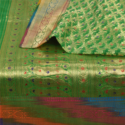 Sanskriti Vintage Green Sarees Pure Silk Woven Brocade/Banarasi Zari Sari Sustainable Fabric