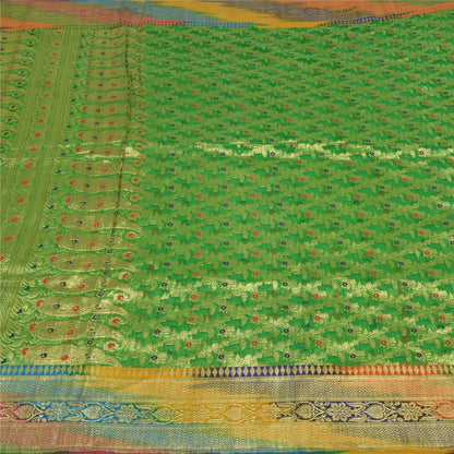 Sanskriti Vintage Green Sarees Pure Silk Woven Brocade/Banarasi Zari Sari Sustainable Fabric