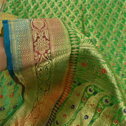 Sanskriti Vintage Green Sarees Pure Silk Woven Brocade/Banarasi Zari Sari Sustainable Fabric