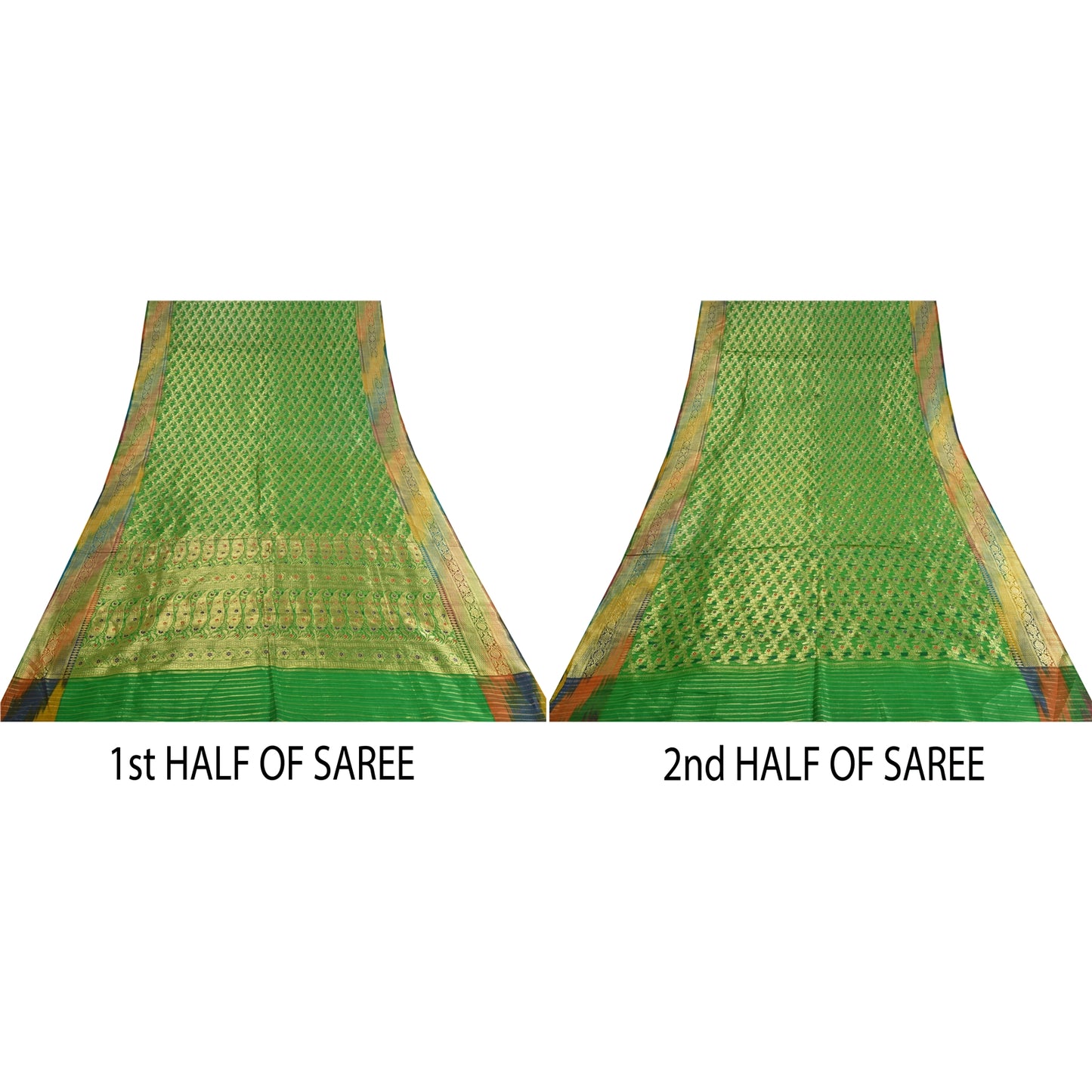 Sanskriti Vintage Green Sarees Pure Silk Woven Brocade/Banarasi Zari Sari Sustainable Fabric