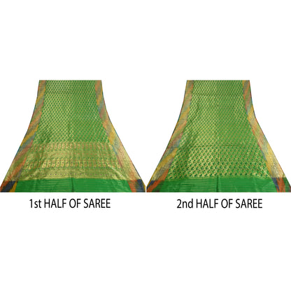 Sanskriti Vintage Green Sarees Pure Silk Woven Brocade/Banarasi Zari Sari Sustainable Fabric