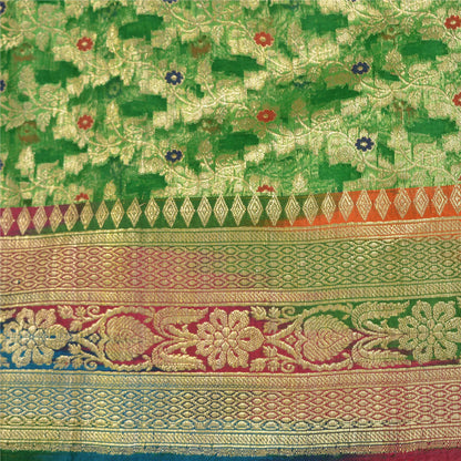 Sanskriti Vintage Green Sarees Pure Silk Woven Brocade/Banarasi Zari Sari Sustainable Fabric