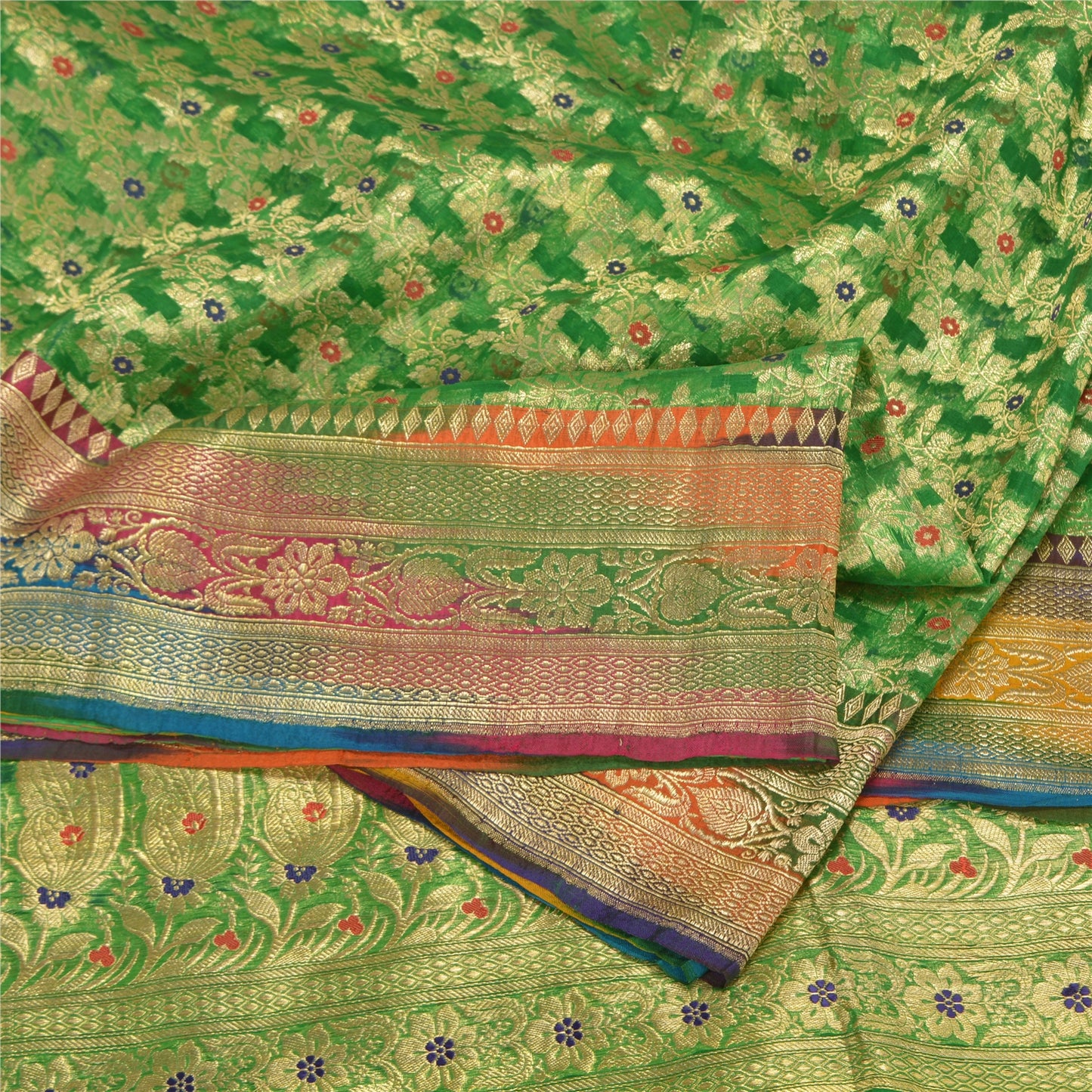 Sanskriti Vintage Green Sarees Pure Silk Woven Brocade/Banarasi Zari Sari Sustainable Fabric