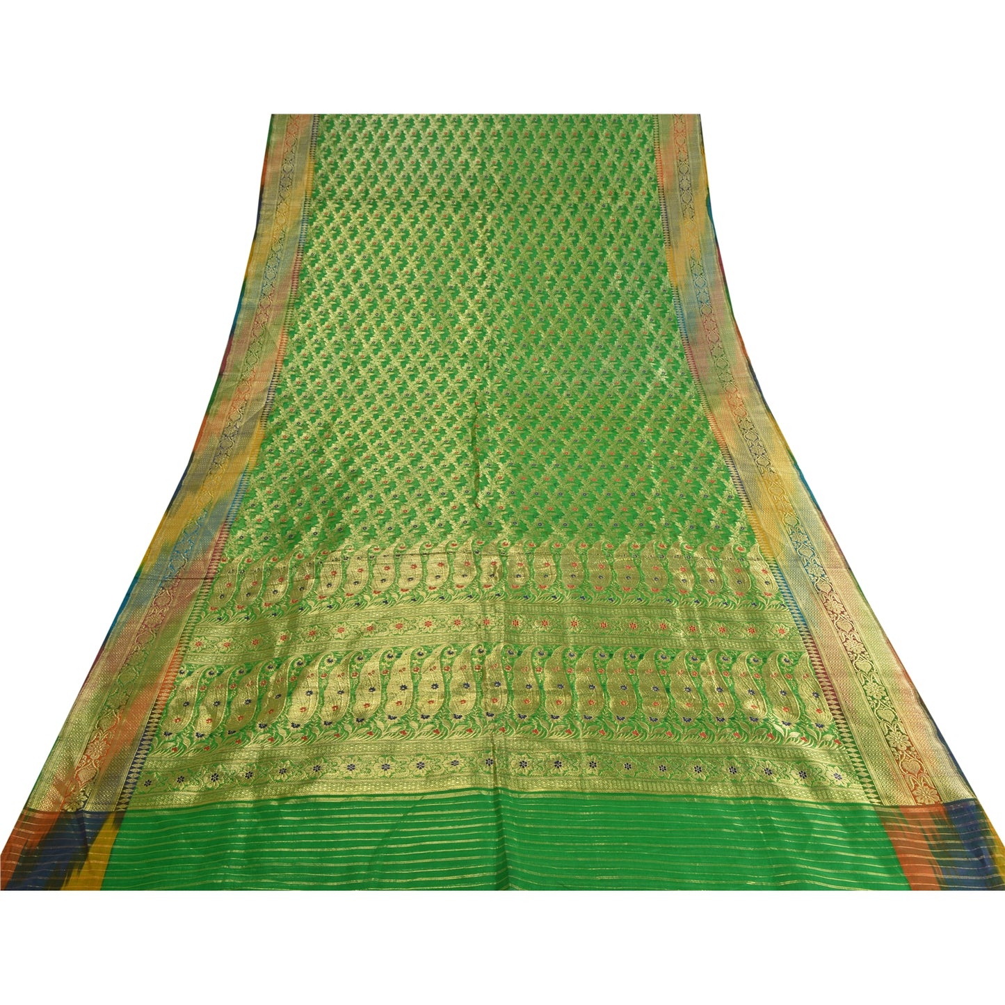 Sanskriti Vintage Green Sarees Pure Silk Woven Brocade/Banarasi Zari Sari Sustainable Fabric