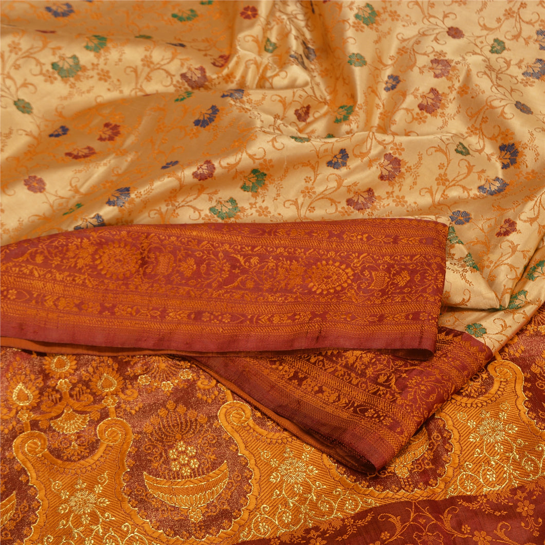 Sanskriti Vintage Golden/Dark Red Sarees Pure Satin Silk Woven Sari Fabric
