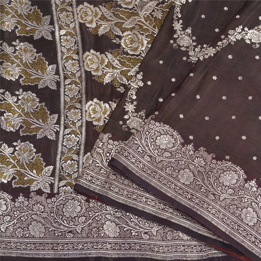 Sanskriti Vintage Brown Sarees Pure Satin Woven  Brocade/Banarasi Sari Fabric