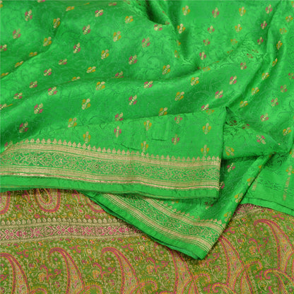 Sanskriti Vintage Green Sarees Pure Satin Silk Brocade/Banarasi Zari Sari Sustainable Fabric