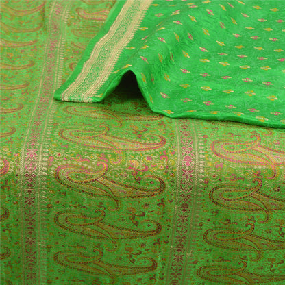 Sanskriti Vintage Green Sarees Pure Satin Silk Brocade/Banarasi Zari Sari Sustainable Fabric