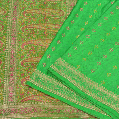Sanskriti Vintage Green Sarees Pure Satin Silk Brocade/Banarasi Zari Sari Sustainable Fabric