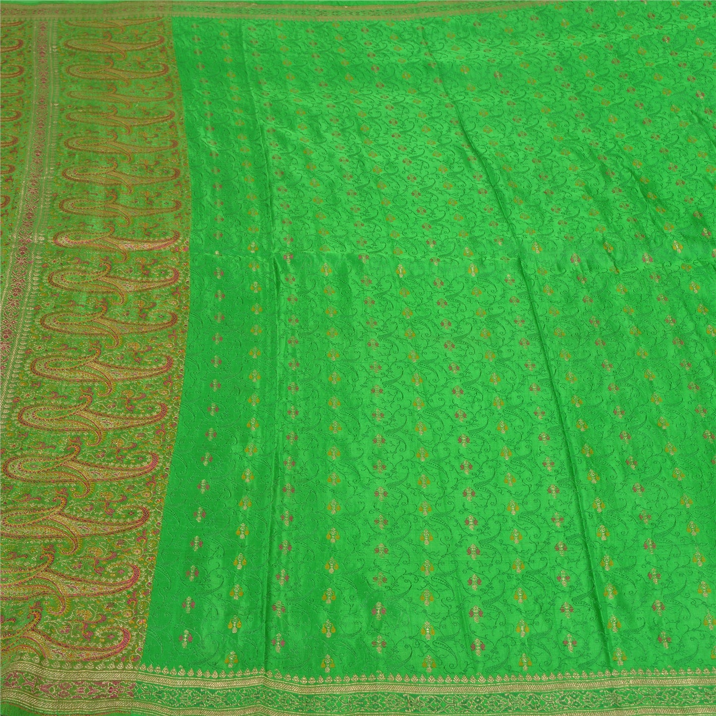 Sanskriti Vintage Green Sarees Pure Satin Silk Brocade/Banarasi Zari Sari Sustainable Fabric