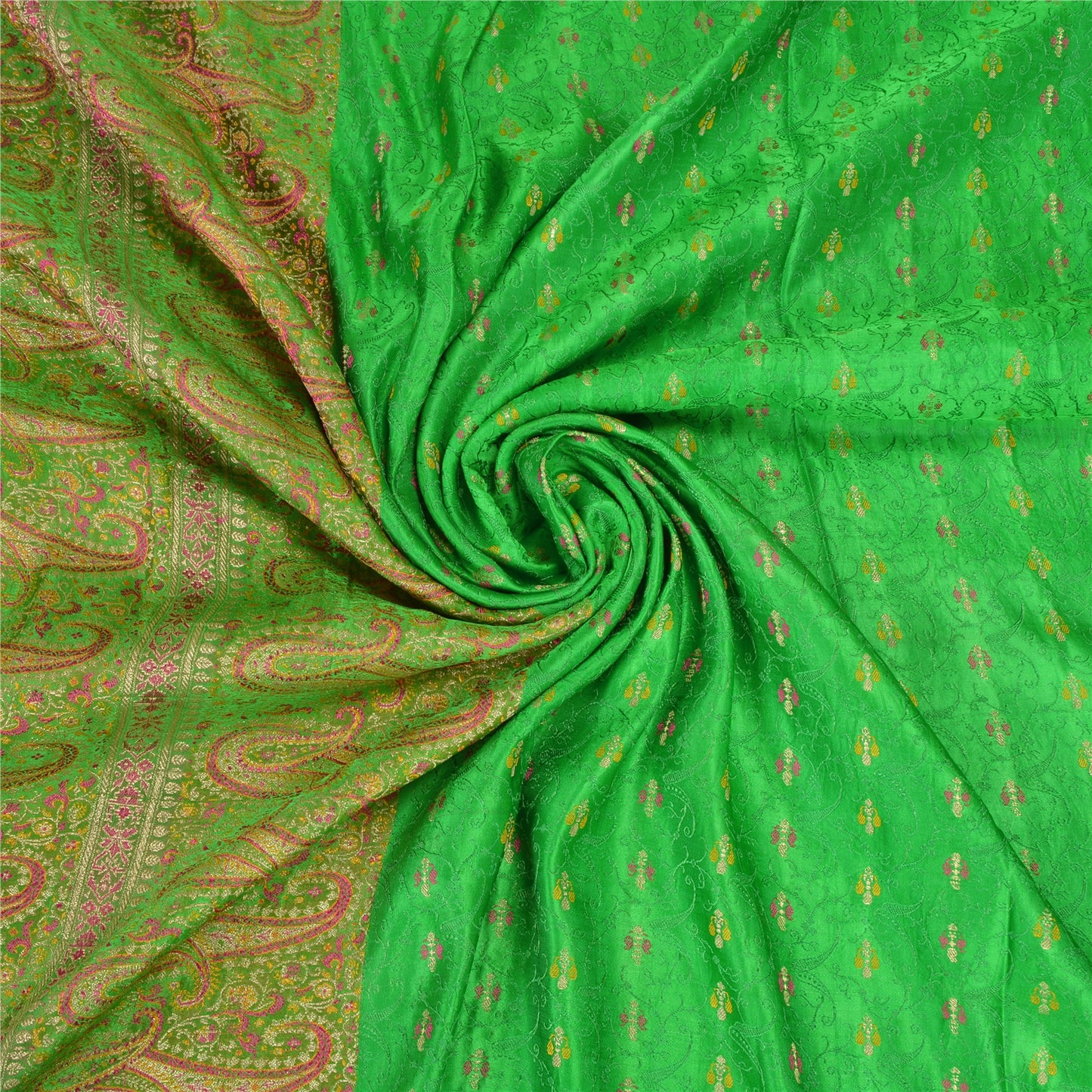 Sanskriti Vintage Green Sarees Pure Satin Silk Brocade/Banarasi Zari Sari Sustainable Fabric