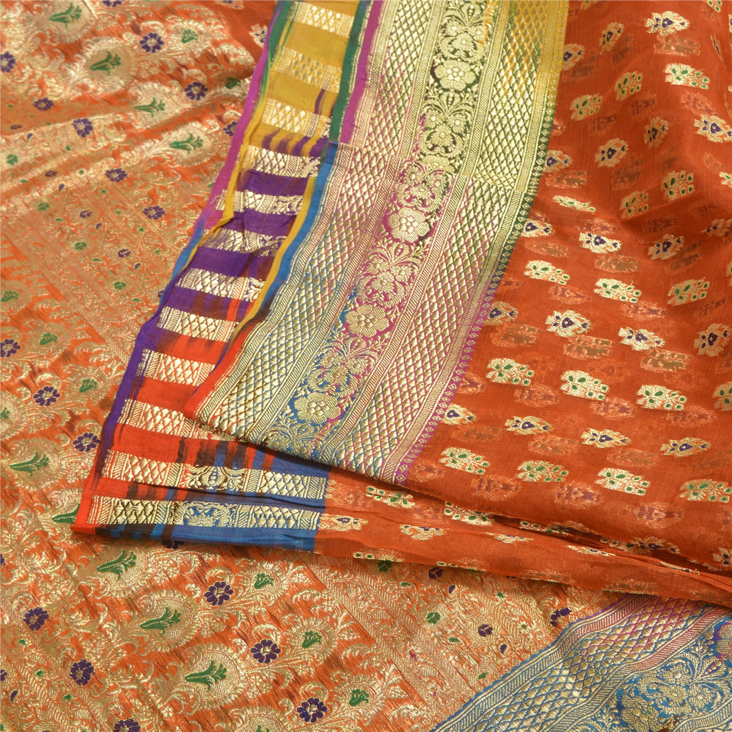 Sanskriti Vintage Orange Sarees Pure Silk Woven Brocade/Banarasi Sari Fabric