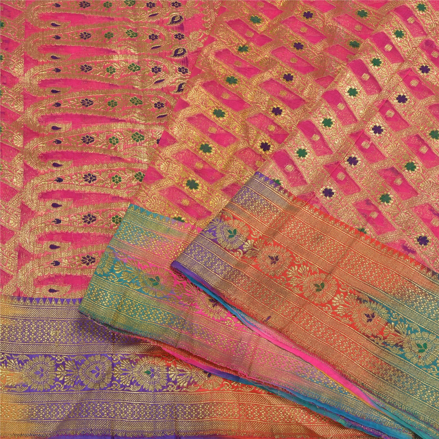 Sanskriti Vintage Pink Sarees Pure Silk Woven Brocade/Banarasi Zari Sari Sustainable Fabric