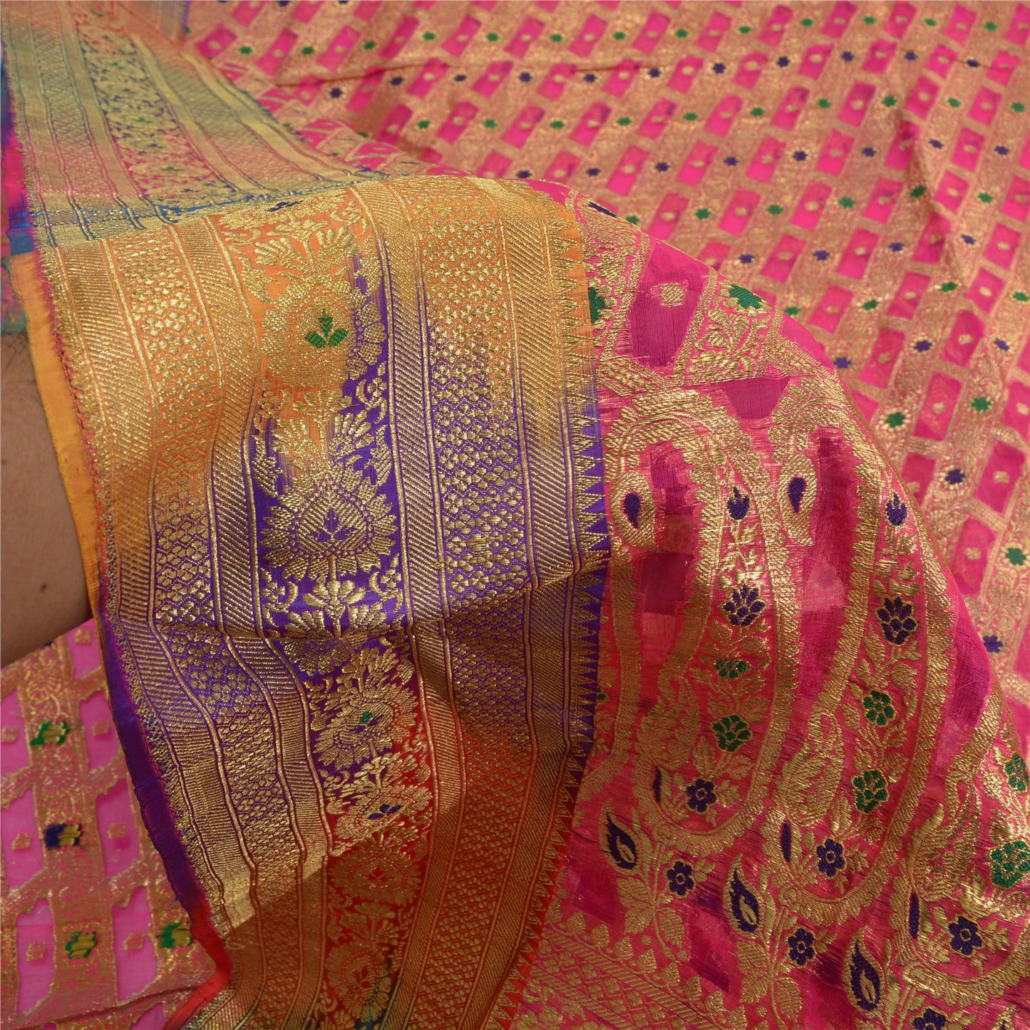 Sanskriti Vintage Pink Sarees Pure Silk Woven Brocade/Banarasi Zari Sari Sustainable Fabric