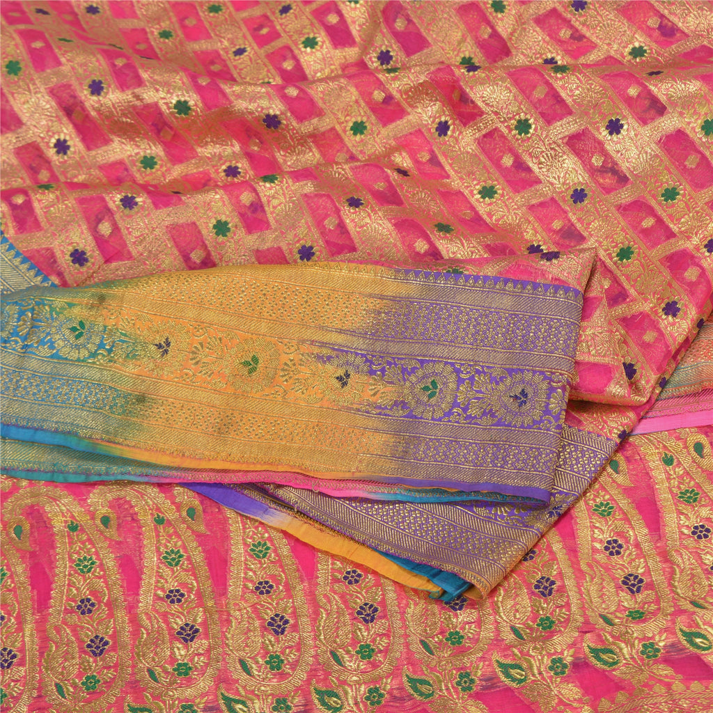 Sanskriti Vintage Pink Sarees Pure Silk Woven Brocade/Banarasi Zari Sari Sustainable Fabric