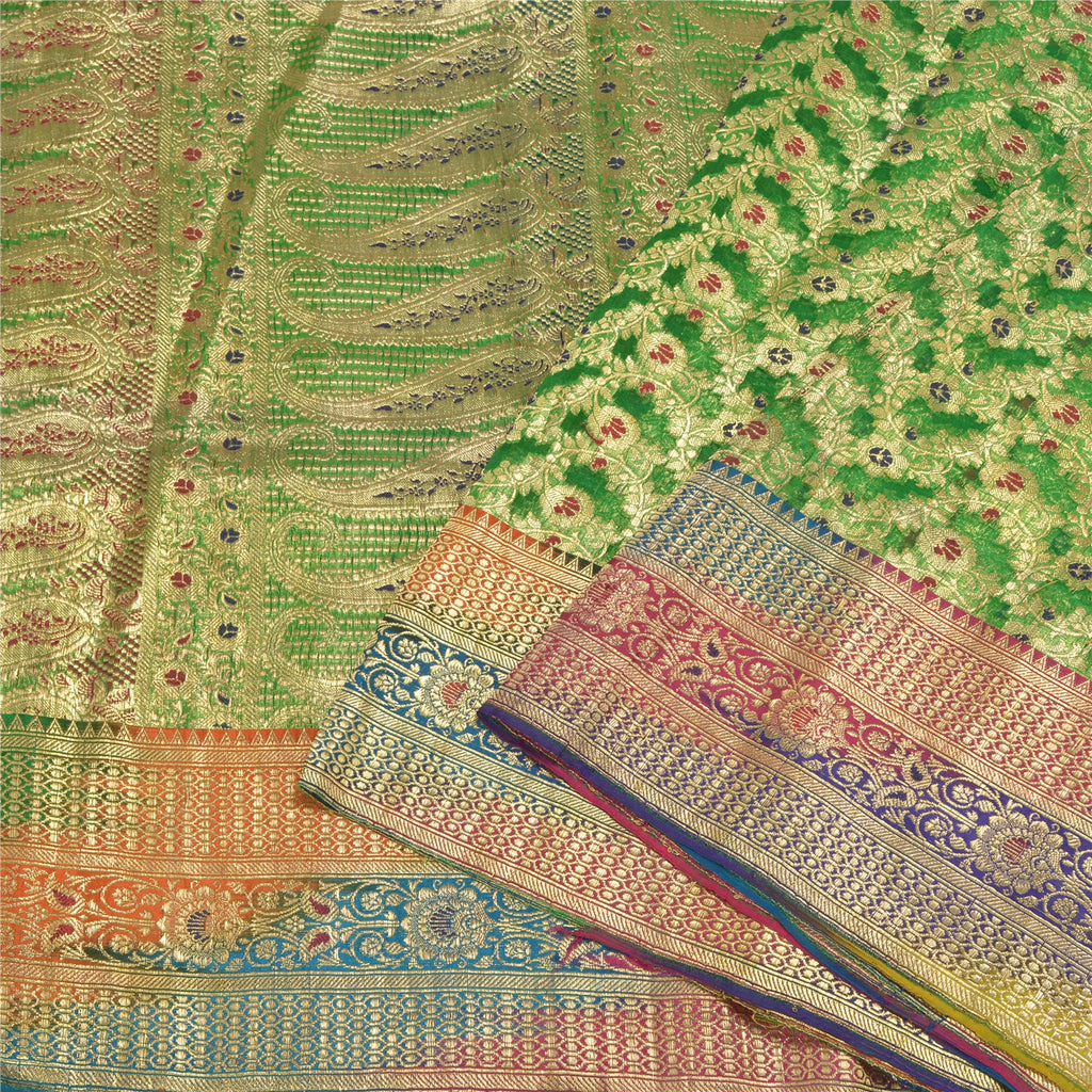 Sanskriti Vintage Green Sarees Pure Silk Woven Brocade/Banarasi Zari Sari Sustainable Fabric