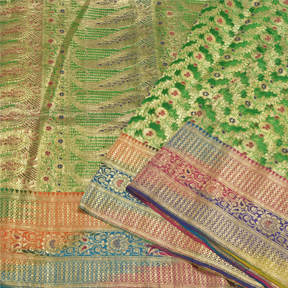 Sanskriti Vintage Green Sarees Pure Silk Woven Brocade/Banarasi Zari Sari Sustainable Fabric
