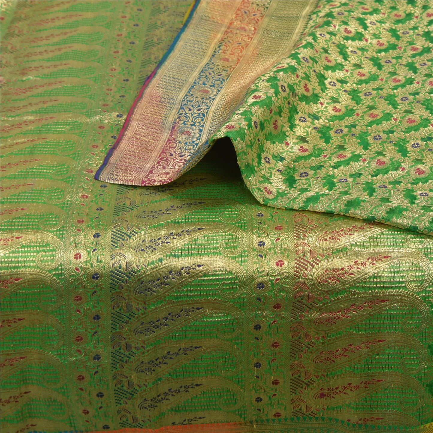 Sanskriti Vintage Green Sarees Pure Silk Woven Brocade/Banarasi Zari Sari Sustainable Fabric