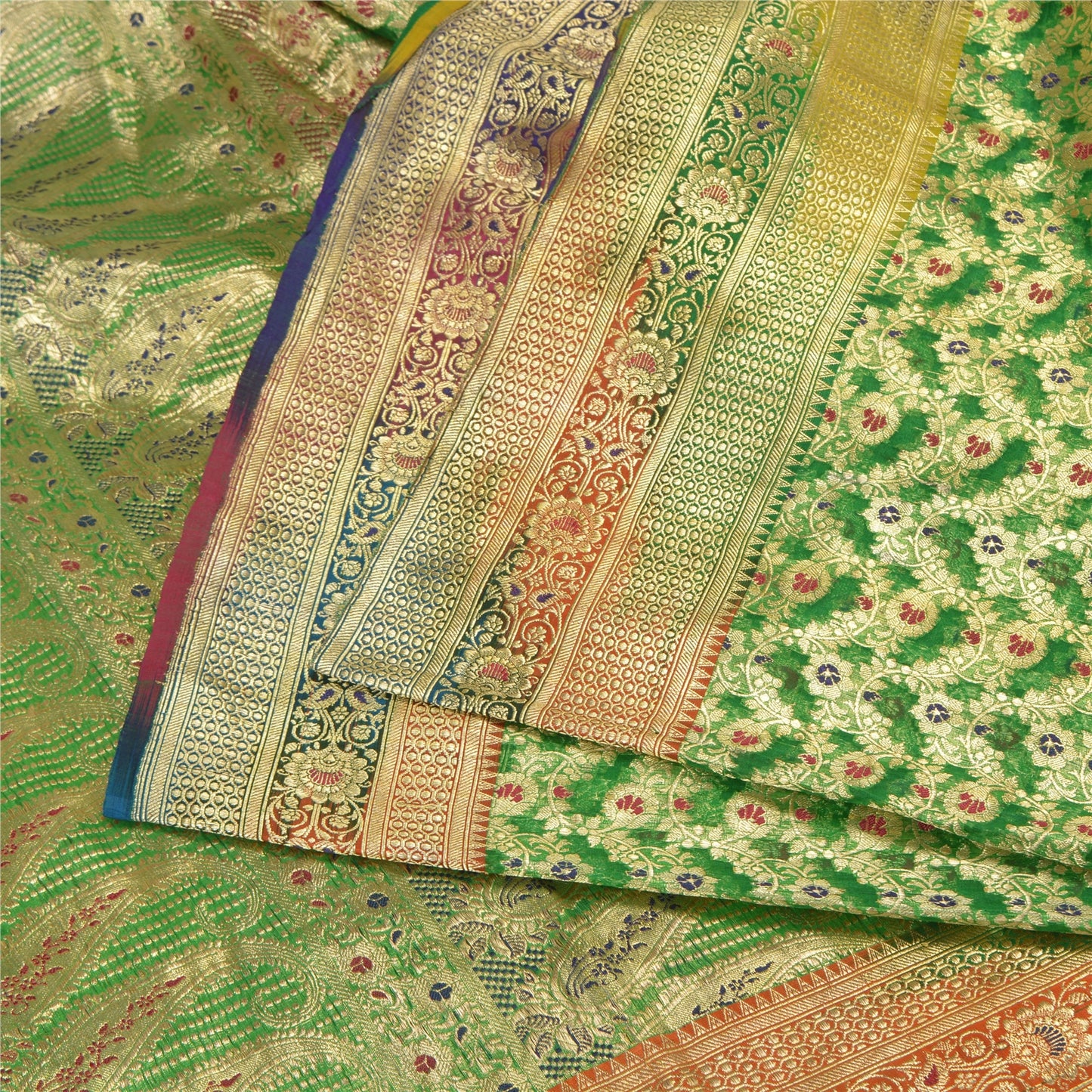 Sanskriti Vintage Green Sarees Pure Silk Woven Brocade/Banarasi Zari Sari Sustainable Fabric