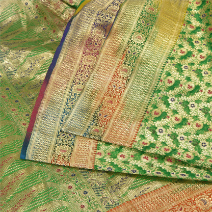 Sanskriti Vintage Green Sarees Pure Silk Woven Brocade/Banarasi Zari Sari Sustainable Fabric