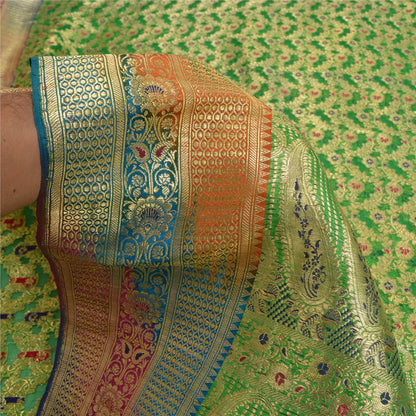 Sanskriti Vintage Green Sarees Pure Silk Woven Brocade/Banarasi Zari Sari Sustainable Fabric