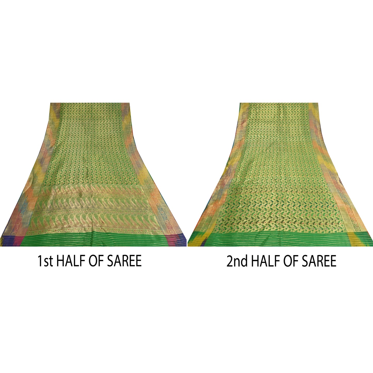 Sanskriti Vintage Green Sarees Pure Silk Woven Brocade/Banarasi Zari Sari Sustainable Fabric