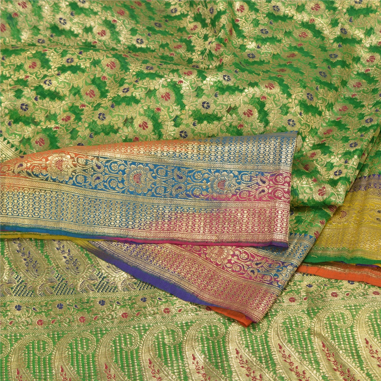 Sanskriti Vintage Green Sarees Pure Silk Woven Brocade/Banarasi Zari Sari Sustainable Fabric