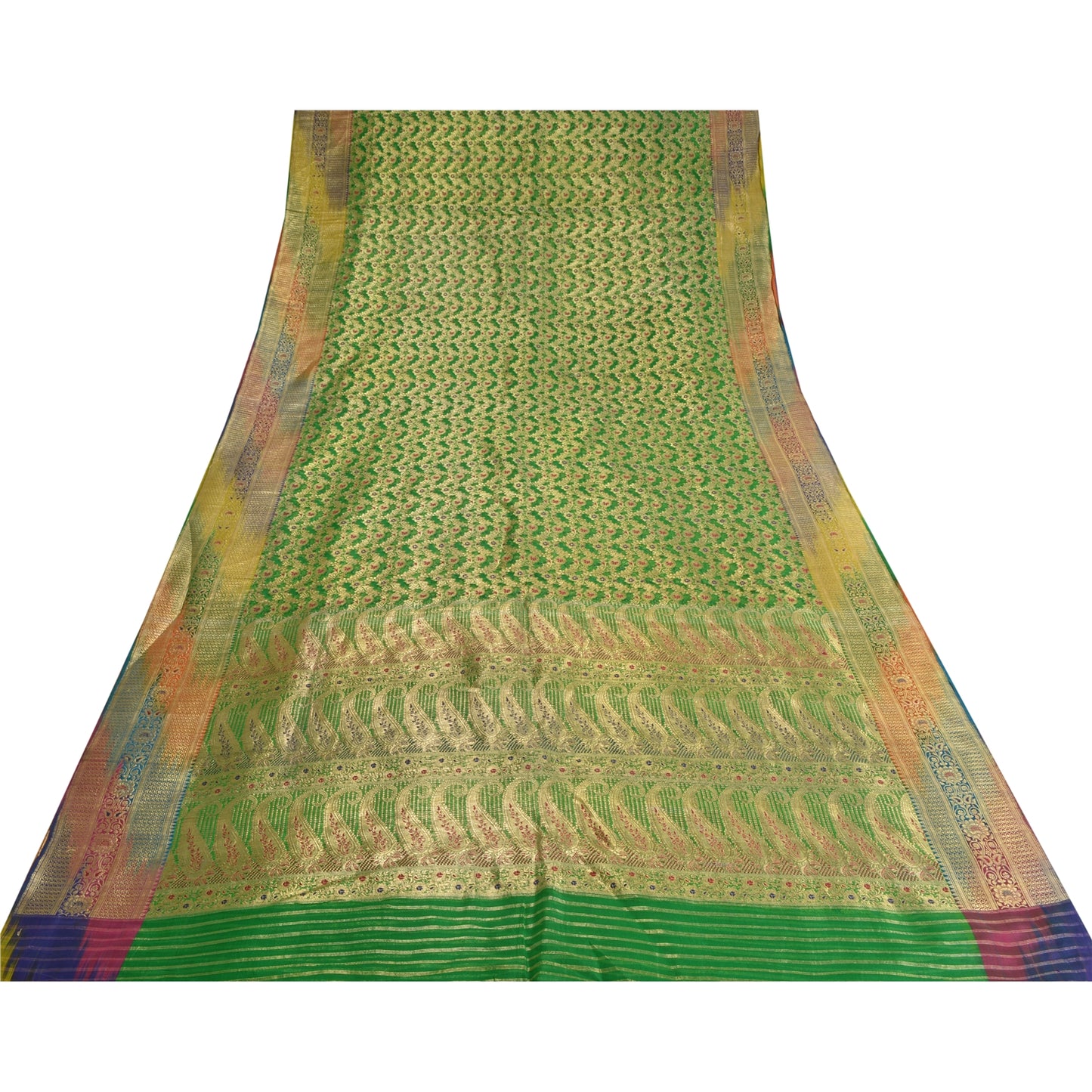 Sanskriti Vintage Green Sarees Pure Silk Woven Brocade/Banarasi Zari Sari Sustainable Fabric