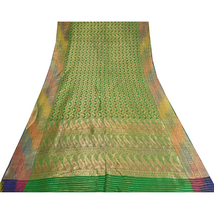 Sanskriti Vintage Green Sarees Pure Silk Woven Brocade/Banarasi Zari Sari Sustainable Fabric