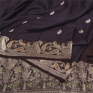 Sanskriti Vintage Black Sarees Pure Satin Silk Brocade/Banarasi Zari Sari Fabric