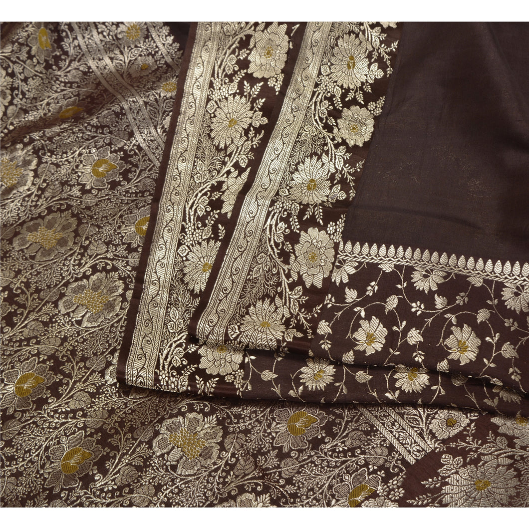 Sanskriti Vintage Dark Brown Sarees Pure Silk Woven Brocade/Banarasi Sari Fabric