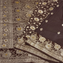 Load image into Gallery viewer, Sanskriti Vintage Dark Brown Sarees Pure Silk Woven Brocade/Banarasi Sari Fabric
