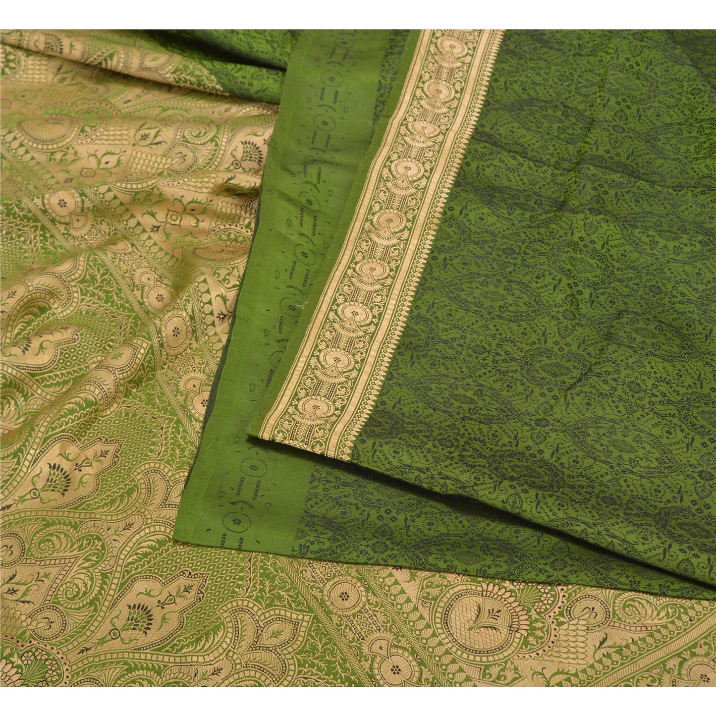 Sanskriti Vintage Green Indian Sarees Pure Satin Silk Woven Sari Yard Sustainable Fabric