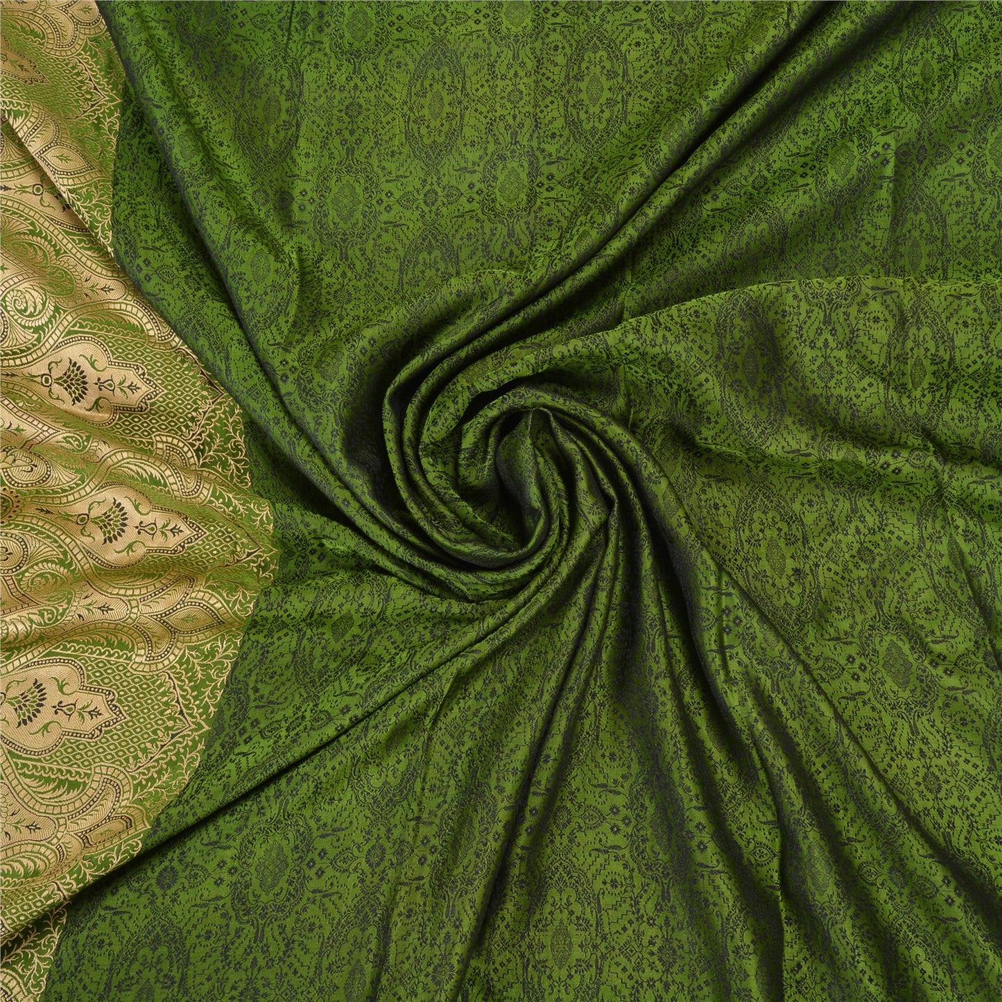 Sanskriti Vintage Green Indian Sarees Pure Satin Silk Woven Sari Yard Sustainable Fabric