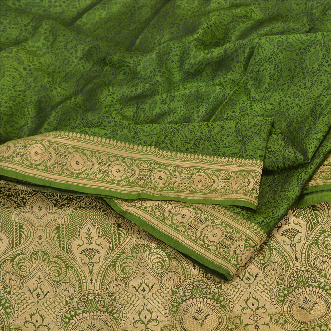 Sanskriti Vintage Green Indian Sarees Pure Satin Silk Woven Sari Yard Fabric