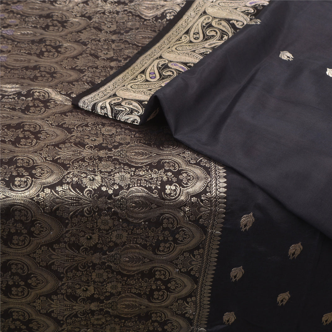 Sanskriti Vintage Black Sarees Pure Satin Silk Brocade/Banarasi Zari Sari Fabric