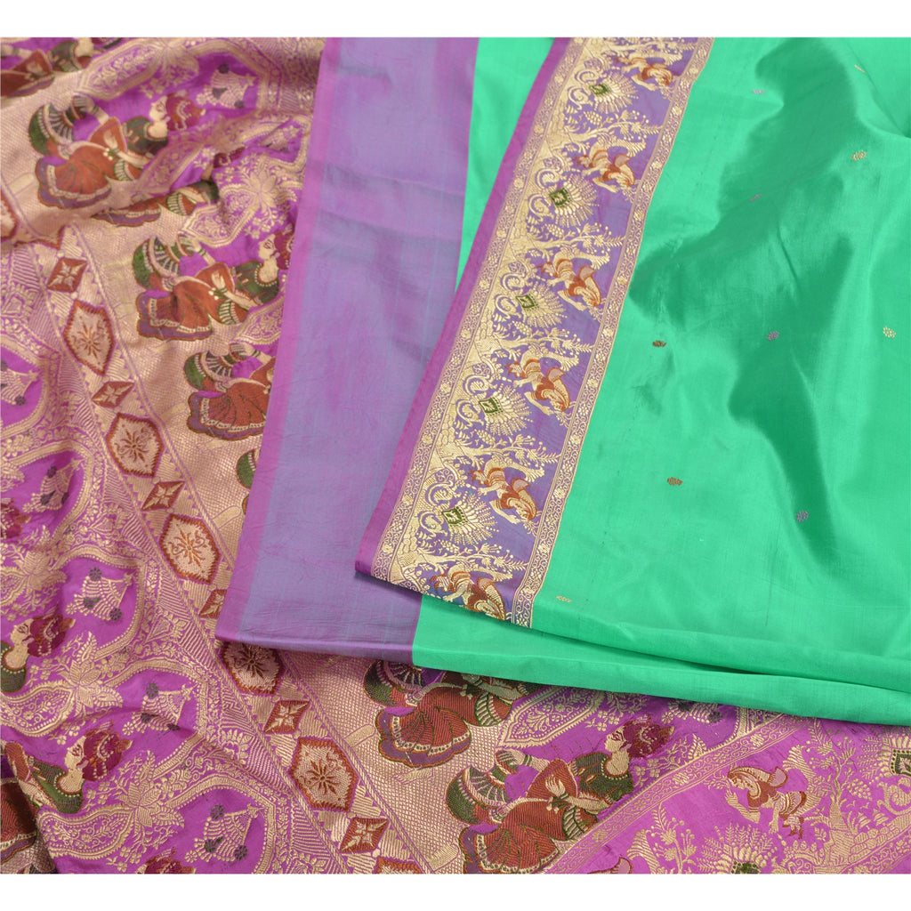 Sanskriti Vintage Lavender/Green Sarees Pure Satin Woven Baluchari Sari Sustainable Fabric