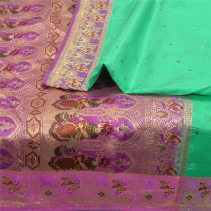 Sanskriti Vintage Lavender/Green Sarees Pure Satin Woven Baluchari Sari Sustainable Fabric