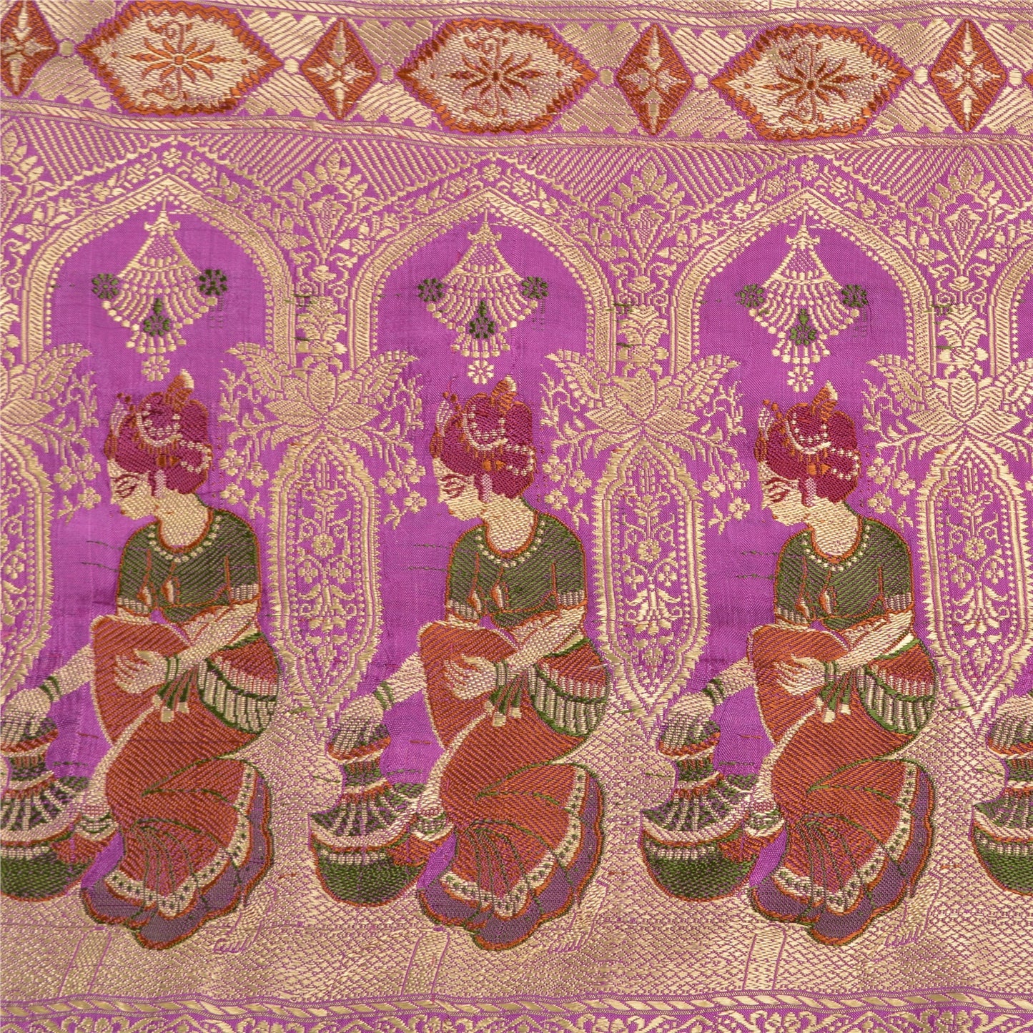 Sanskriti Vintage Lavender/Green Sarees Pure Satin Woven Baluchari Sari Sustainable Fabric