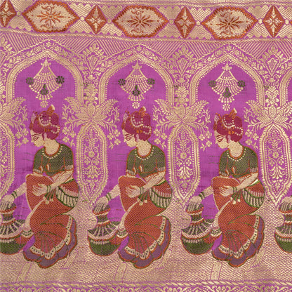 Sanskriti Vintage Lavender/Green Sarees Pure Satin Woven Baluchari Sari Sustainable Fabric