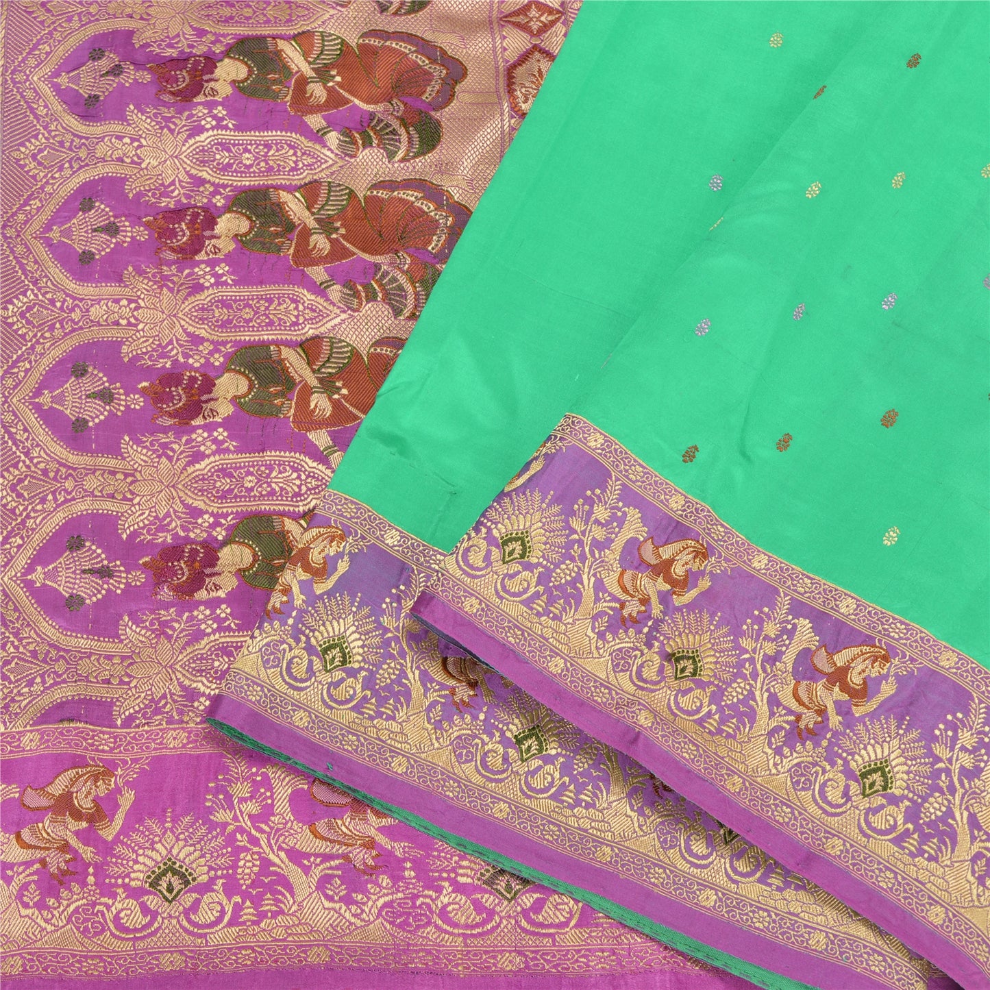 Sanskriti Vintage Lavender/Green Sarees Pure Satin Woven Baluchari Sari Sustainable Fabric