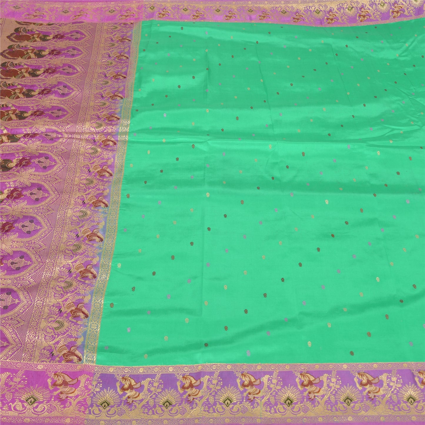 Sanskriti Vintage Lavender/Green Sarees Pure Satin Woven Baluchari Sari Sustainable Fabric